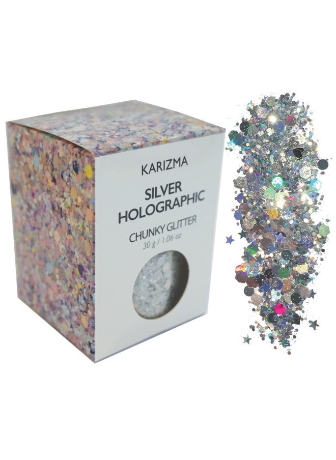KARIZMA Holographic Silver Body Glitter - 30g Chunky Face, Hair, Eye & Body Glitter Set for Women - Rave & Festival Accessories