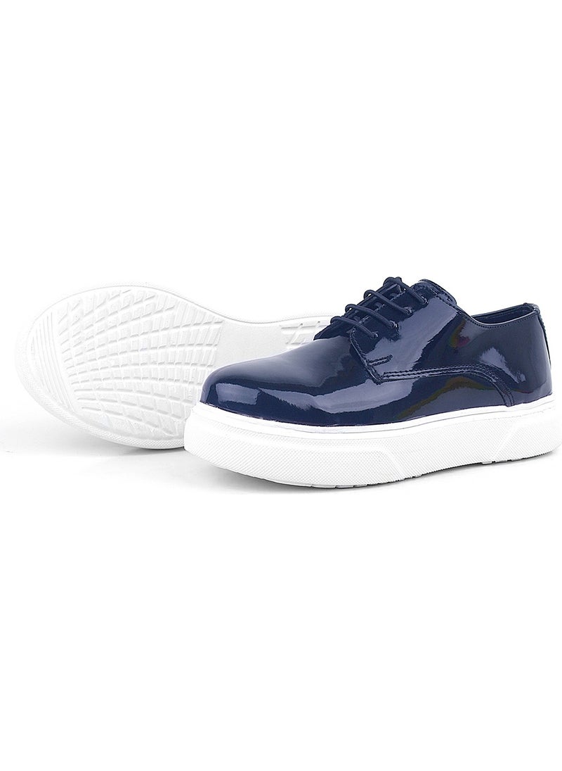 Derby Navy Blue Patent Leather White Sole Children's Classic Shoes