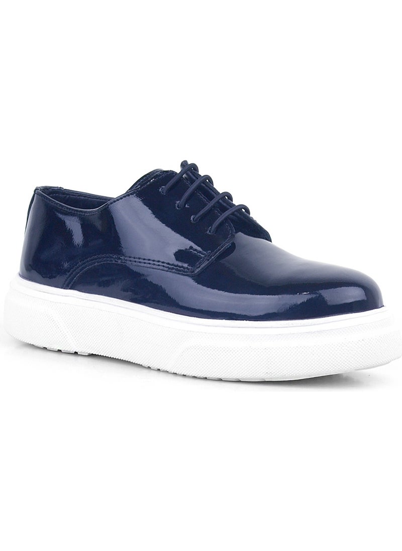 Derby Navy Blue Patent Leather White Sole Children's Classic Shoes