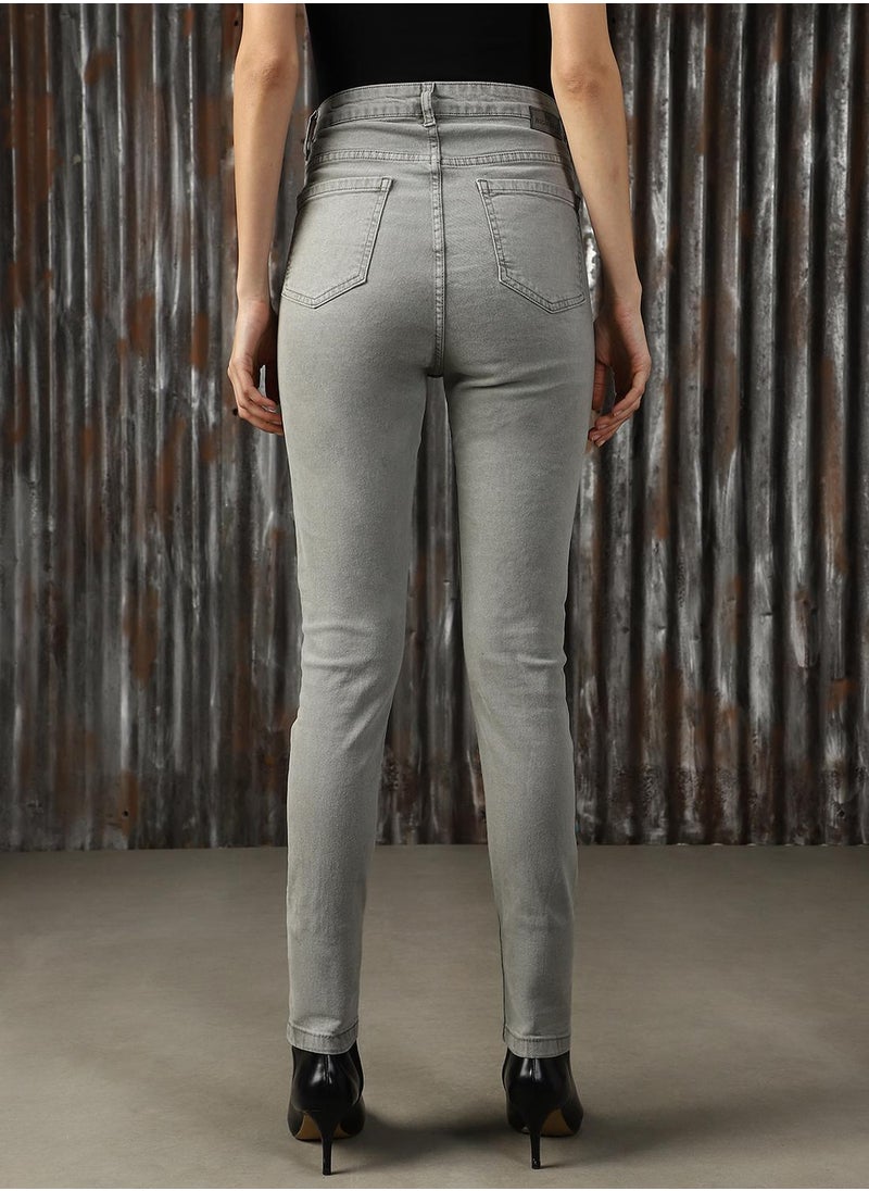 Women's Grey Cotton Blend Distressed Jeans