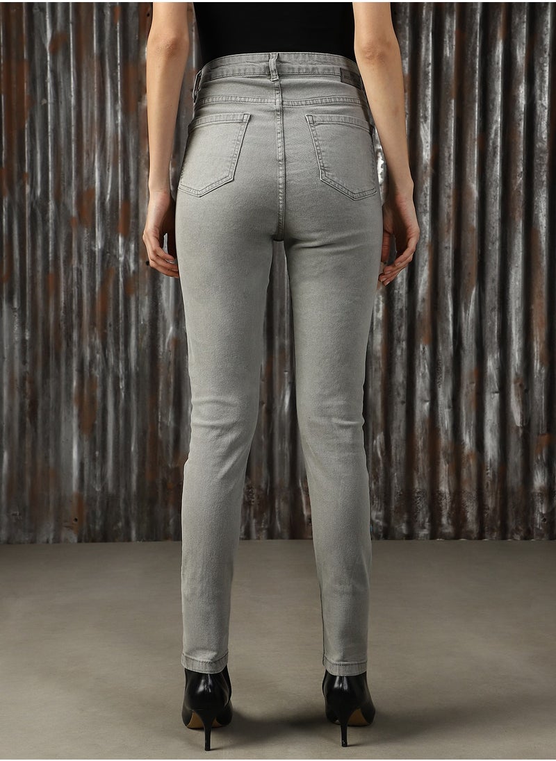 Women's Grey Cotton Blend Distressed Jeans