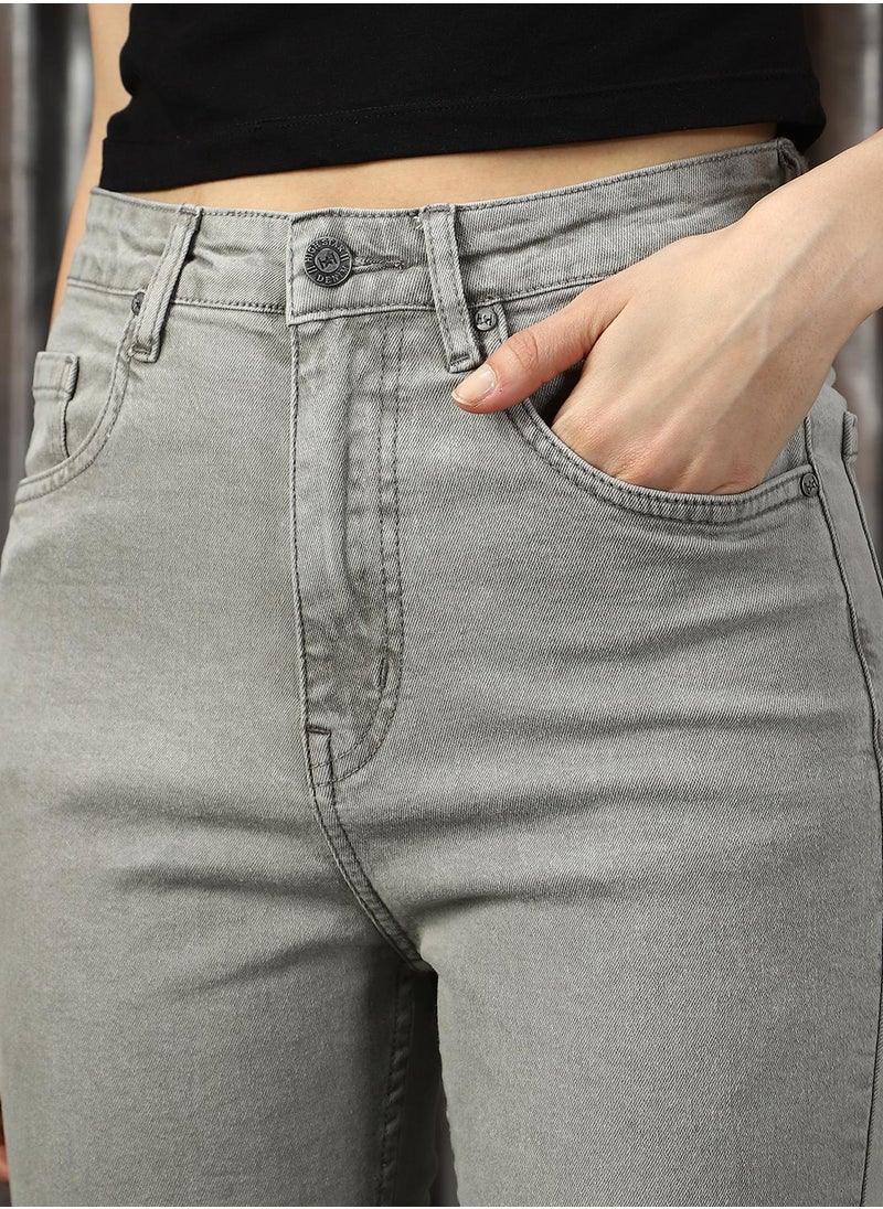Women's Grey Cotton Blend Distressed Jeans