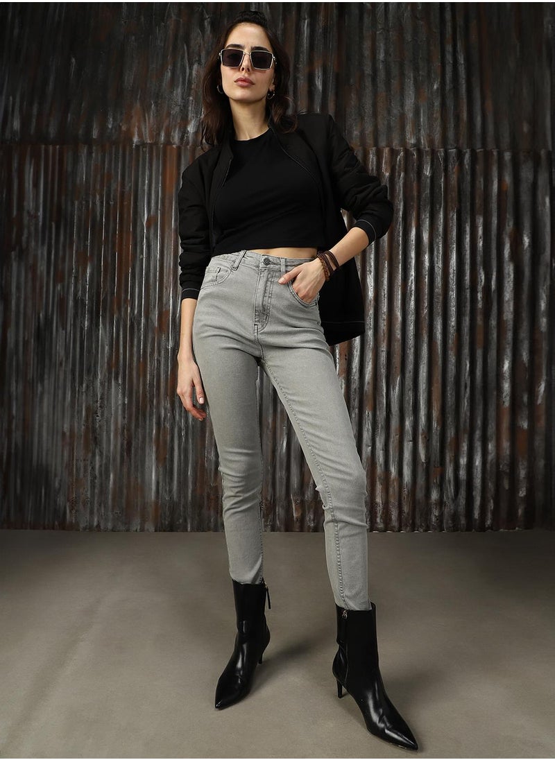 Women's Grey Cotton Blend Distressed Jeans