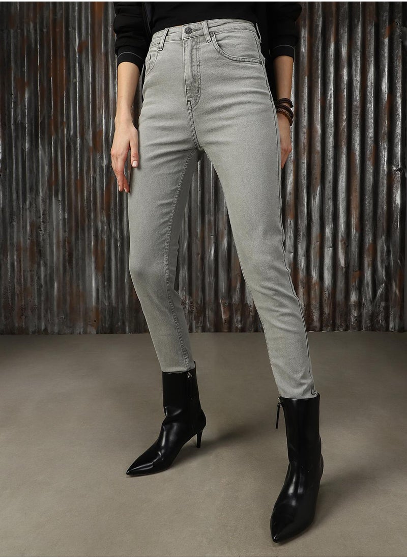 Women's Grey Cotton Blend Distressed Jeans