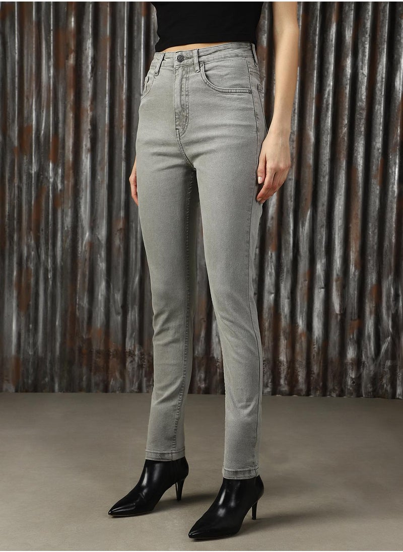 Women's Grey Cotton Blend Distressed Jeans