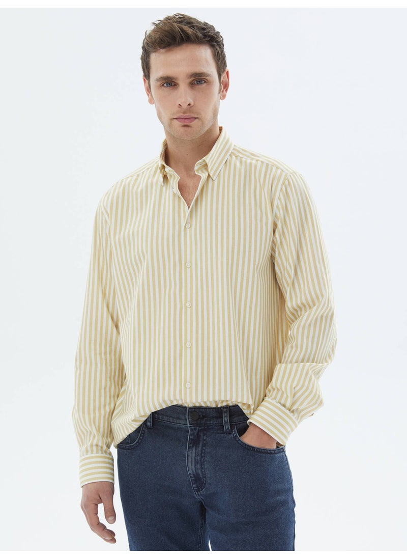 Yellow Striped Regular Fit Woven Casual 100% Cotton Shirt