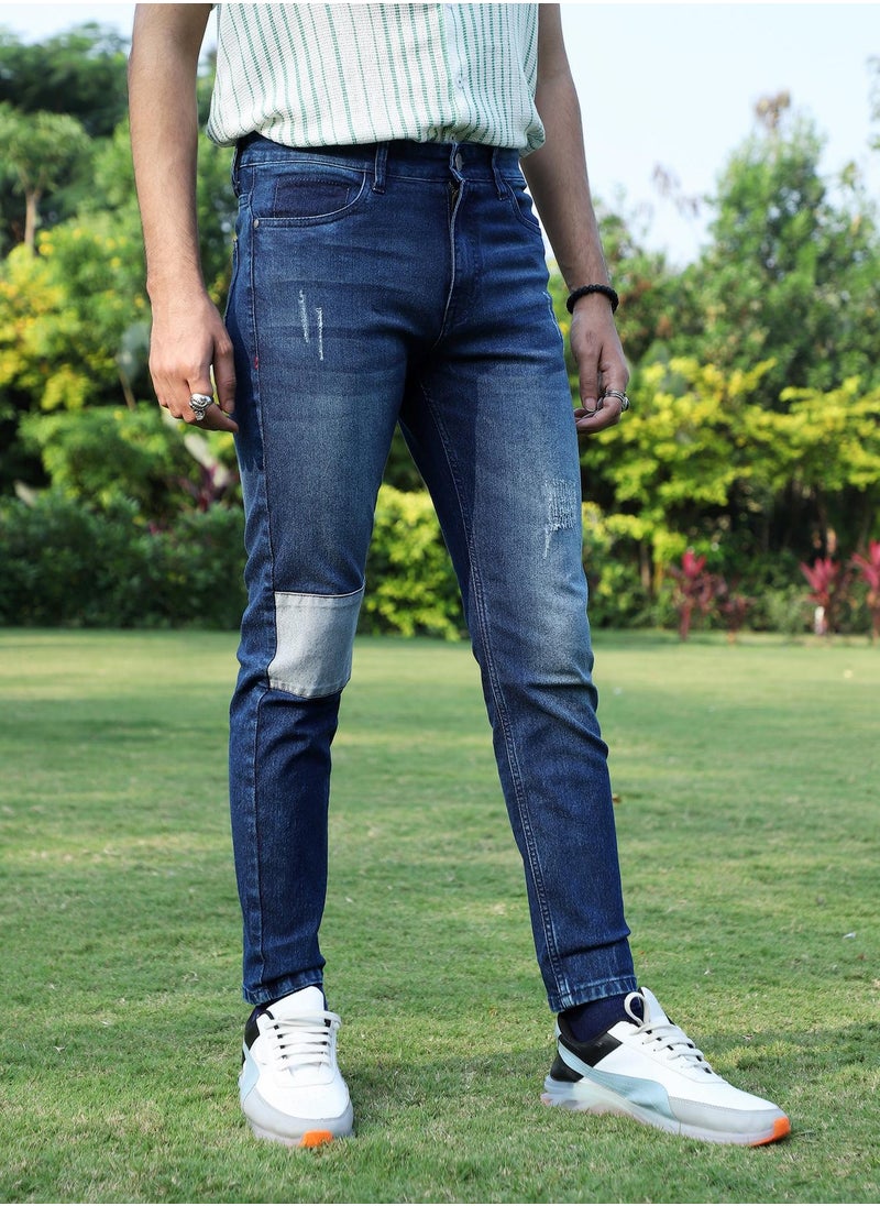 Men's Blue Contrast Patch Distressed Denim Jeans