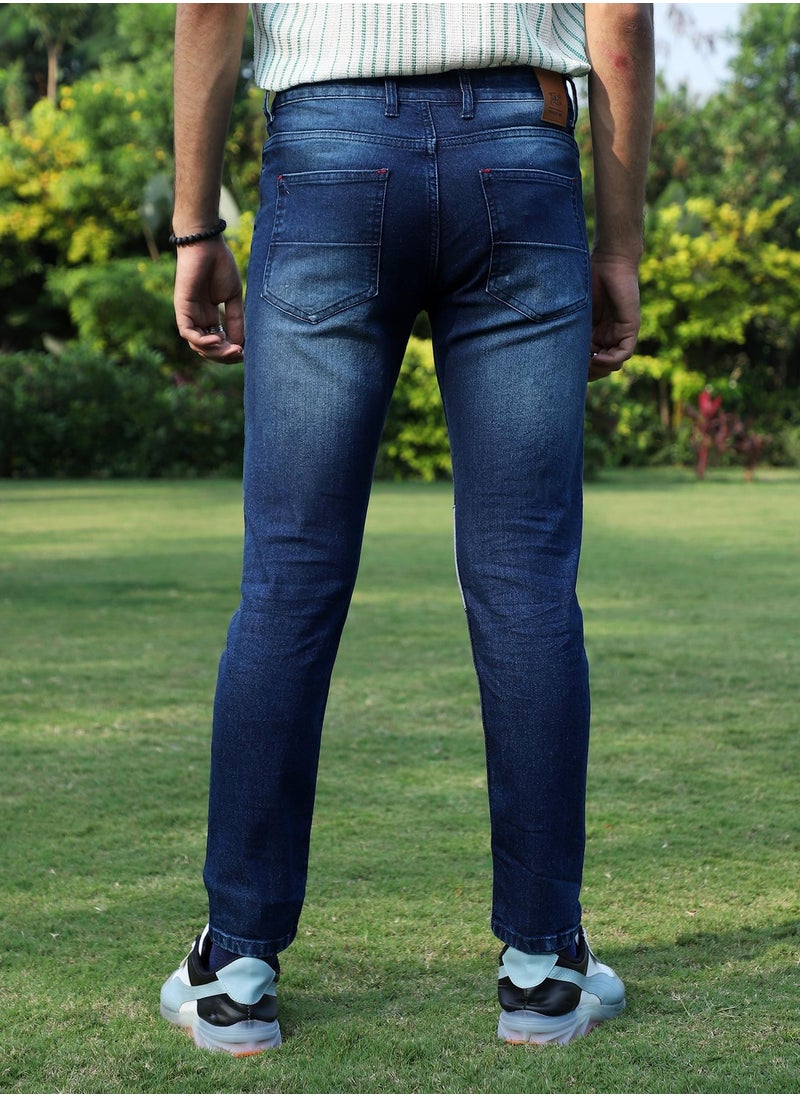 Men's Blue Contrast Patch Distressed Denim Jeans