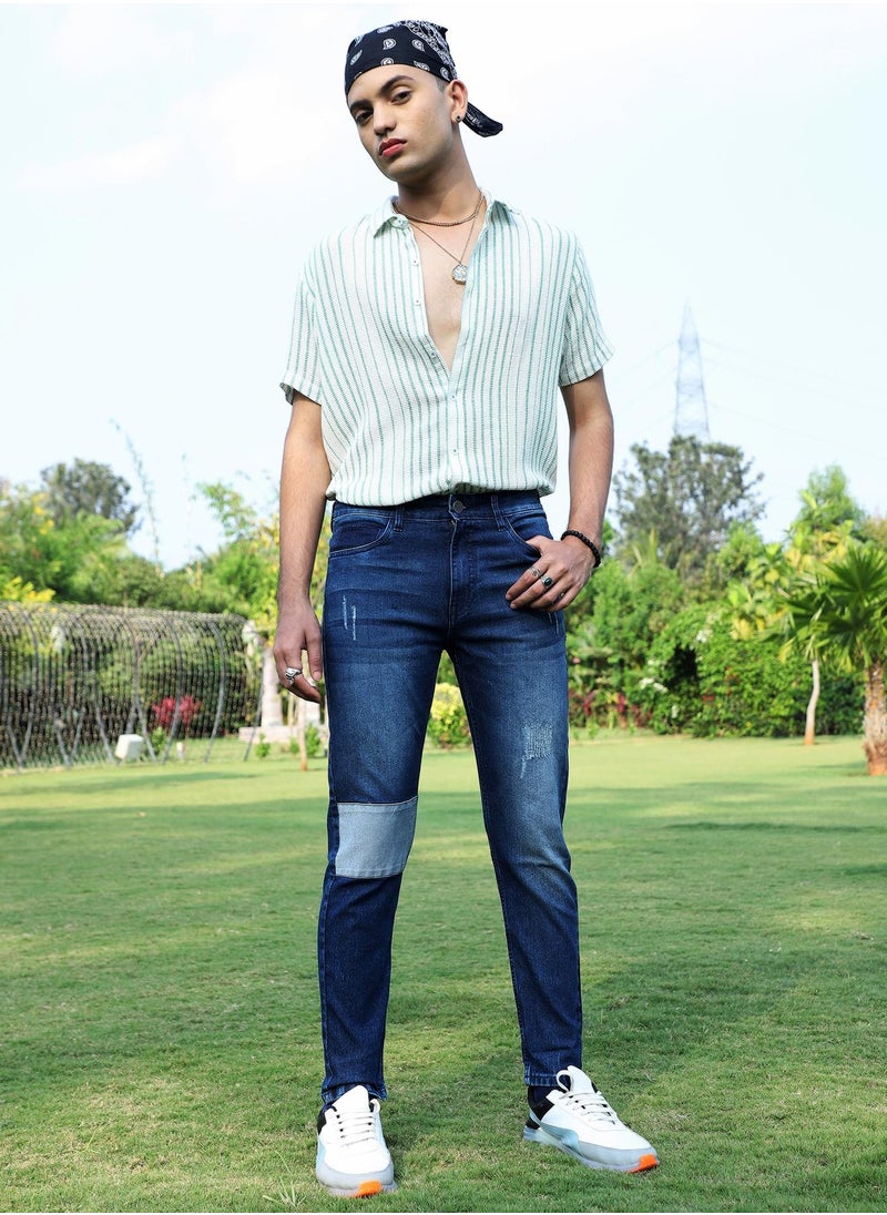 Men's Blue Contrast Patch Distressed Denim Jeans