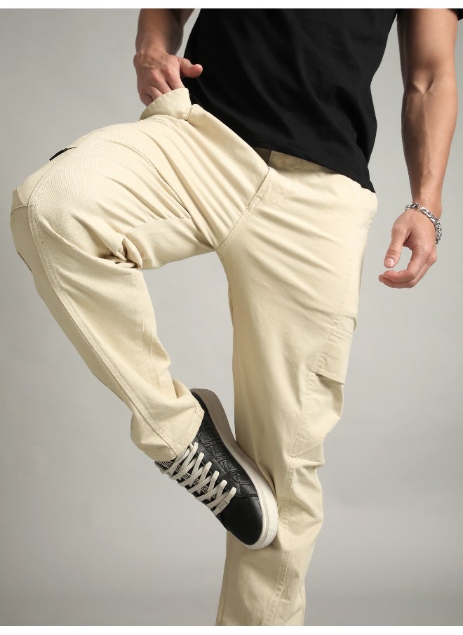 Cream Elasticated Cut and Sew Cargo Pants