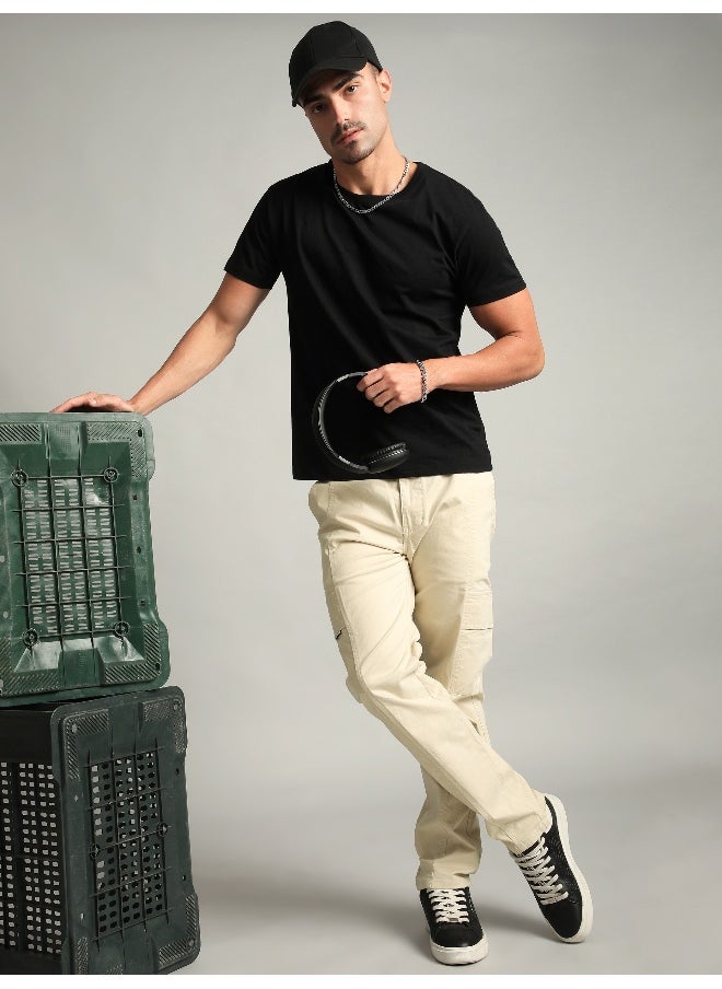 Cream Elasticated Cut and Sew Cargo Pants