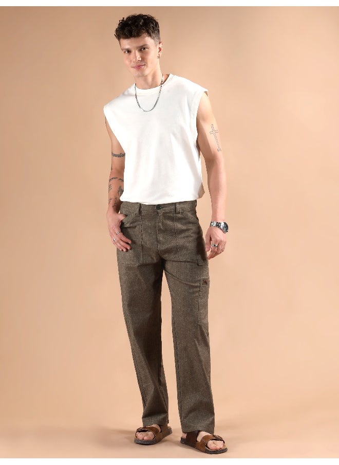 Brown Striped Patch Pocket Cargo Trousers