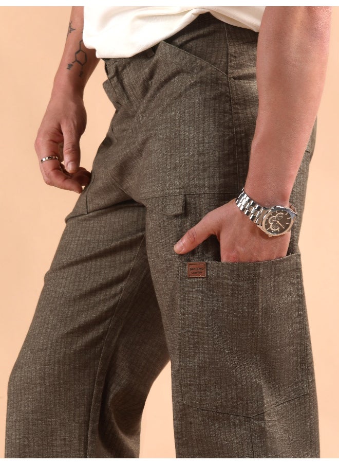 Brown Striped Patch Pocket Cargo Trousers