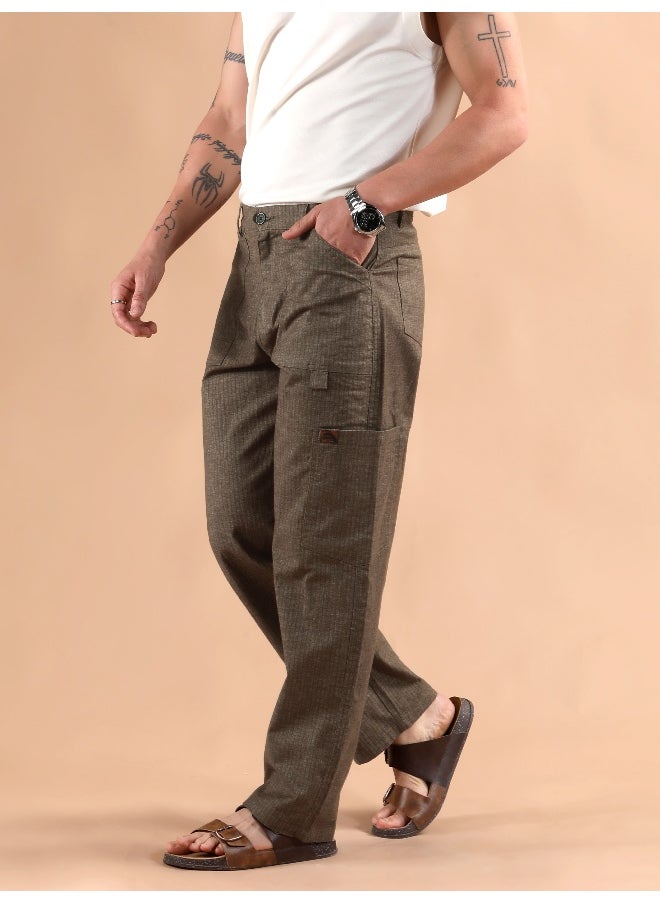 Brown Striped Patch Pocket Cargo Trousers
