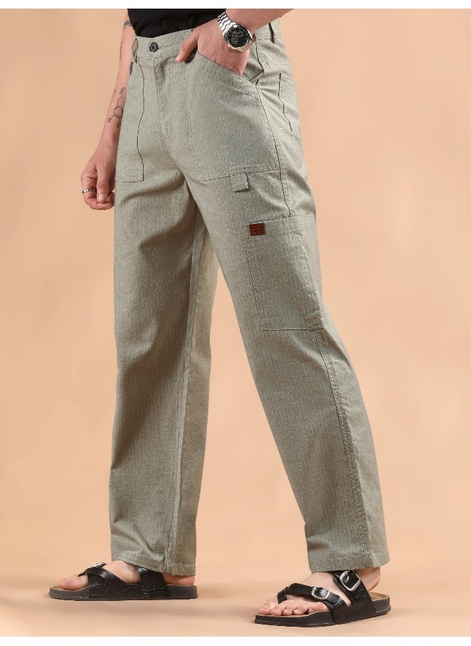 Pale Grey Striped Patch Pocket Cargo Trousers