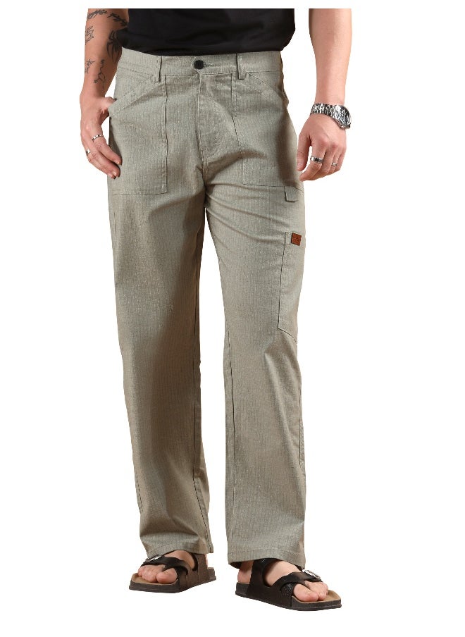 Pale Grey Striped Patch Pocket Cargo Trousers