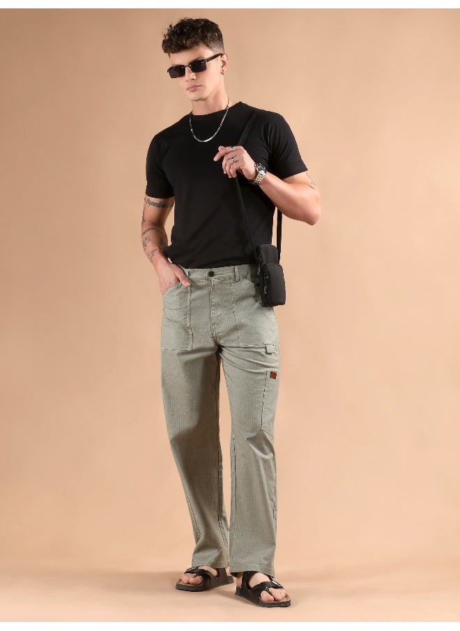 Pale Grey Striped Patch Pocket Cargo Trousers