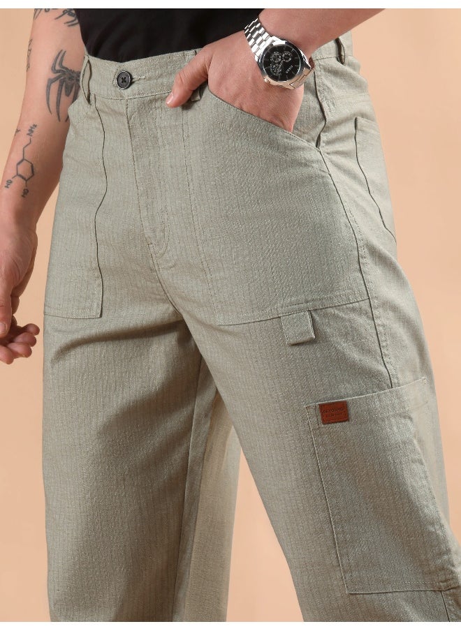 Pale Grey Striped Patch Pocket Cargo Trousers