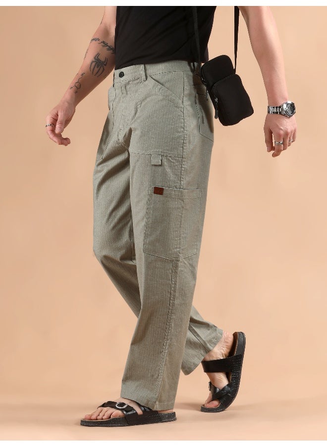 Pale Grey Striped Patch Pocket Cargo Trousers