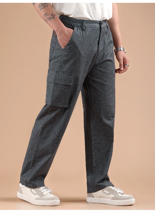 Dark Grey Striped Side Elasticated Cargo Trousers