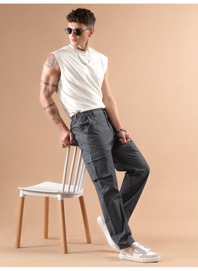 Dark Grey Striped Side Elasticated Cargo Trousers