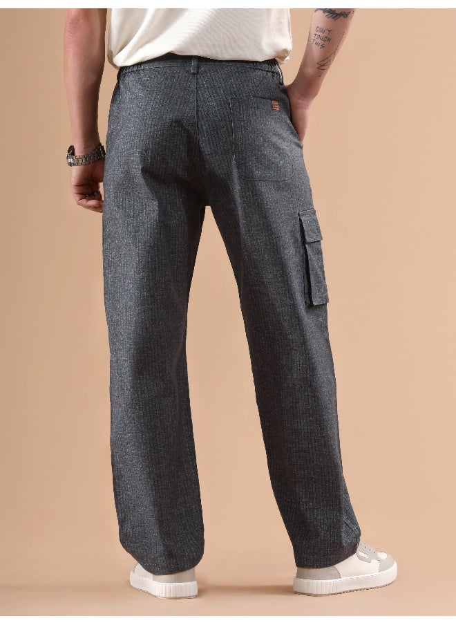 Dark Grey Striped Side Elasticated Cargo Trousers