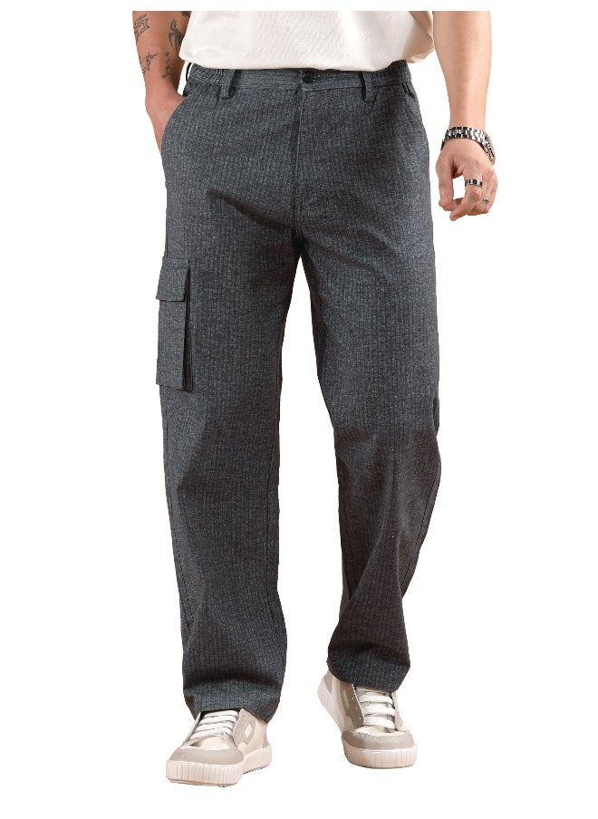 Dark Grey Striped Side Elasticated Cargo Trousers