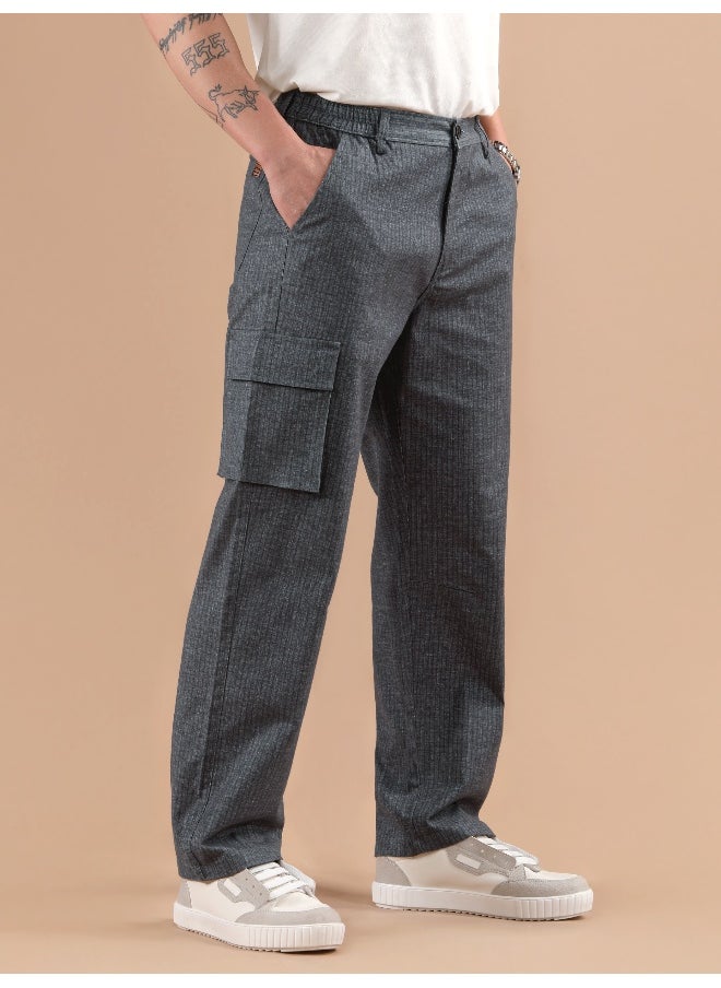 Dark Grey Striped Side Elasticated Cargo Trousers