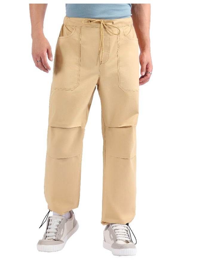 Beige Double Pleated Cargo Joggers