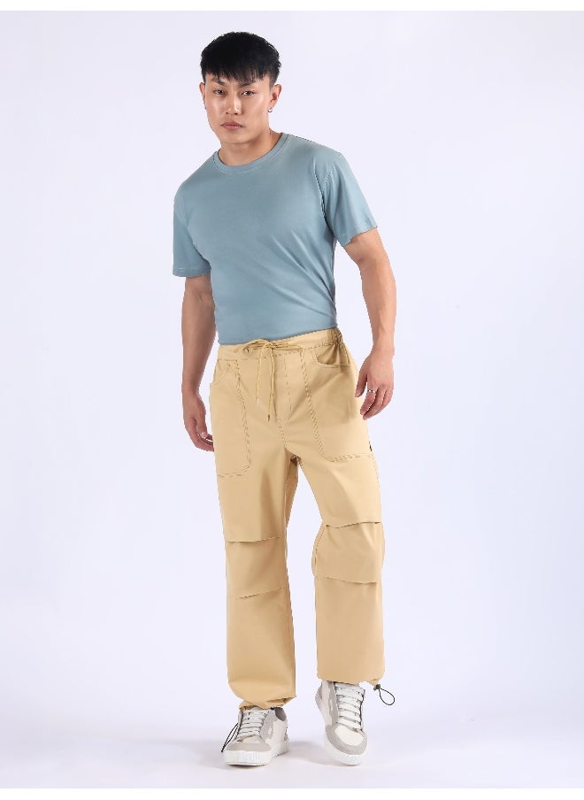 Beige Double Pleated Cargo Joggers