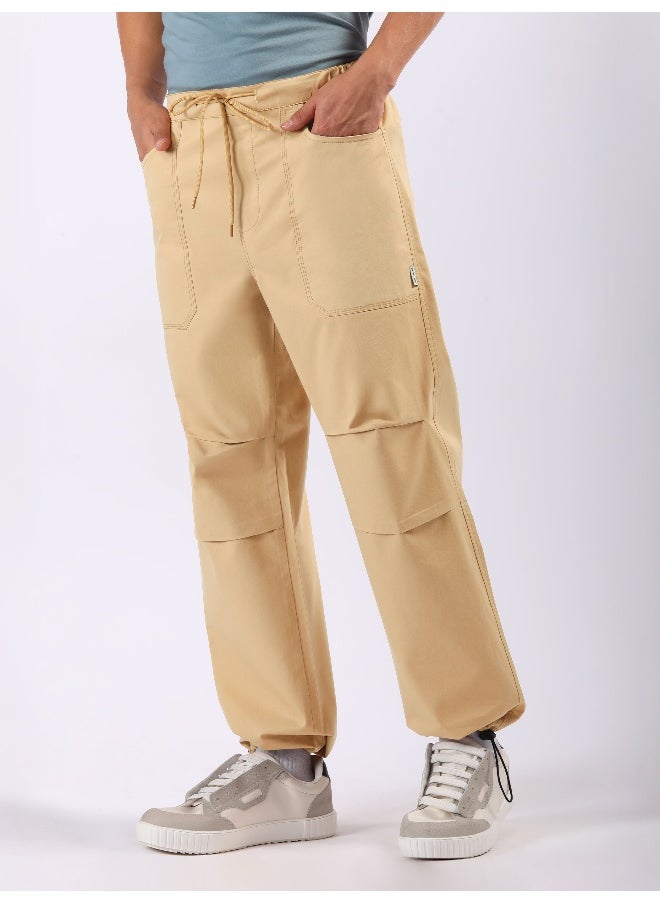 Beige Double Pleated Cargo Joggers