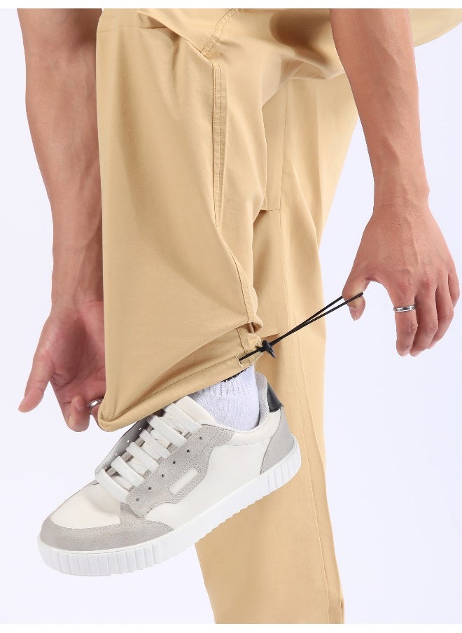 Beige Double Pleated Cargo Joggers