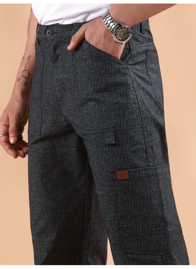 Black Striped Patch Pocket Cargo Trousers