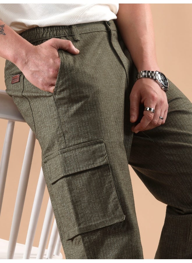 Olive Striped Side Elasticated Cargo Trousers