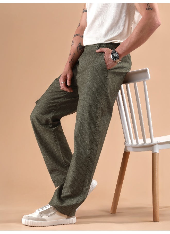 Olive Striped Side Elasticated Cargo Trousers