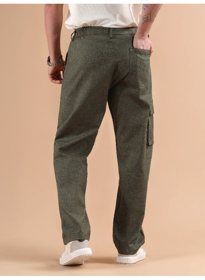 Olive Striped Side Elasticated Cargo Trousers