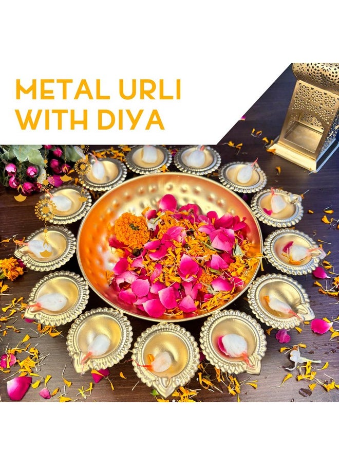 Urban Born Urlis for Home Decor | Diwali Decoration Items for Home | Diya Shape Metal Tray & Flower Decorative Urli Bowl | Handcrafted Bowl for Floating Flowers &Tea Light Candles Home