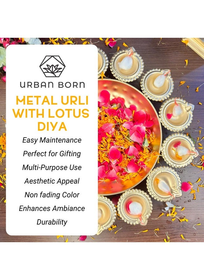 Urban Born Urlis for Home Decor | Diwali Decoration Items for Home | Diya Shape Metal Tray & Flower Decorative Urli Bowl | Handcrafted Bowl for Floating Flowers &Tea Light Candles Home