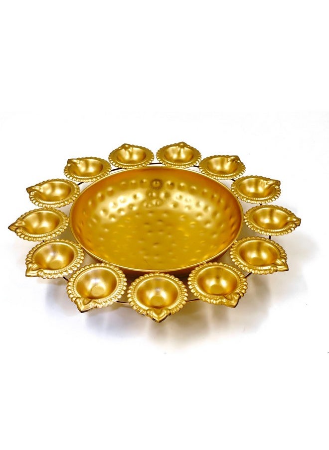 Urban Born Urlis for Home Decor | Diwali Decoration Items for Home | Diya Shape Metal Tray & Flower Decorative Urli Bowl | Handcrafted Bowl for Floating Flowers &Tea Light Candles Home