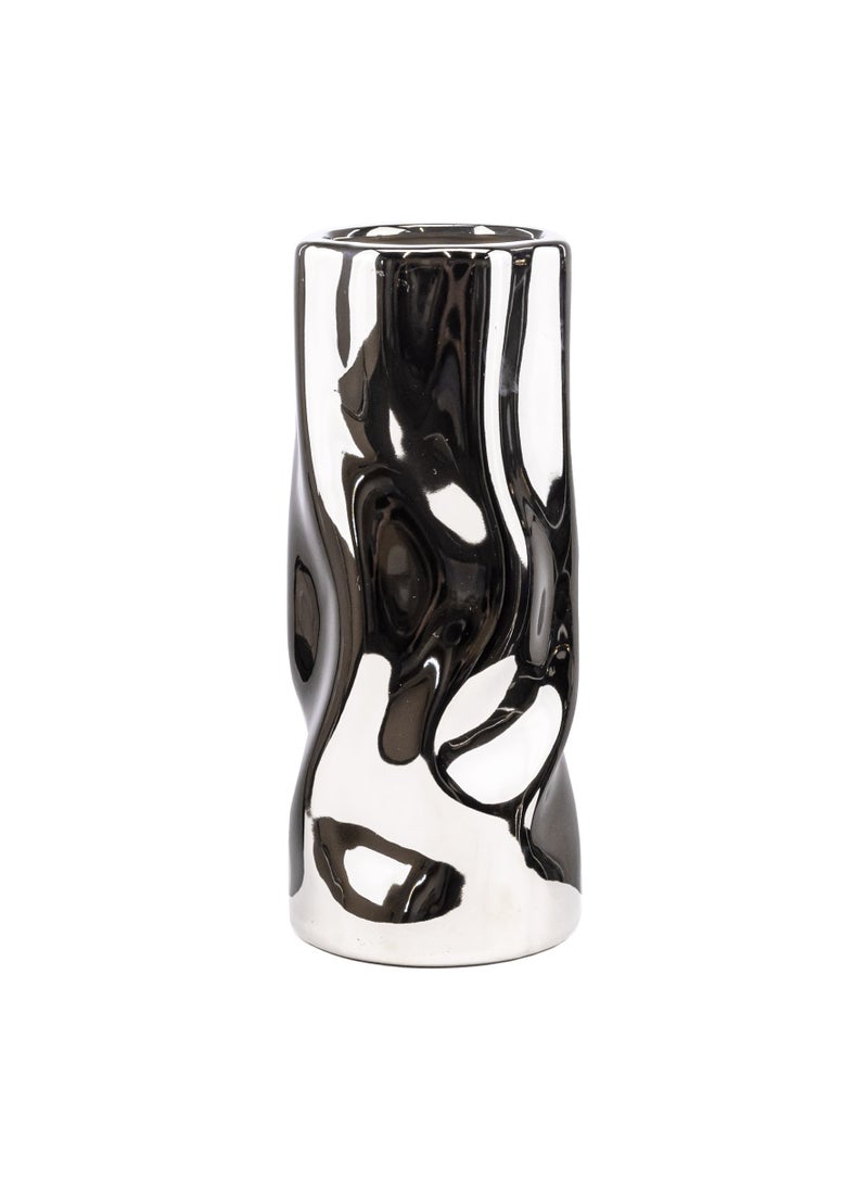 Gulf Flowers Ceramic Vase Art Wave – 27cm Tall Silver Decorative Vase – D11cm Modern Textured Ceramic Pot for Living Room, Office, Tabletop & Home Interior Decoration