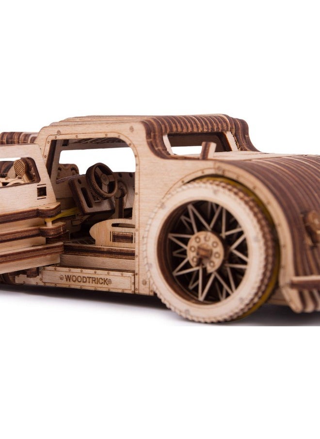 Wood Trick Hot Rod Wooden Model Car Kit to Build - Rides up to 32 feet - Detailed - 3D Wooden Puzzles for Adults and Kids to Build - Engineering DIY Mechanical Wood Model Kits for Adults