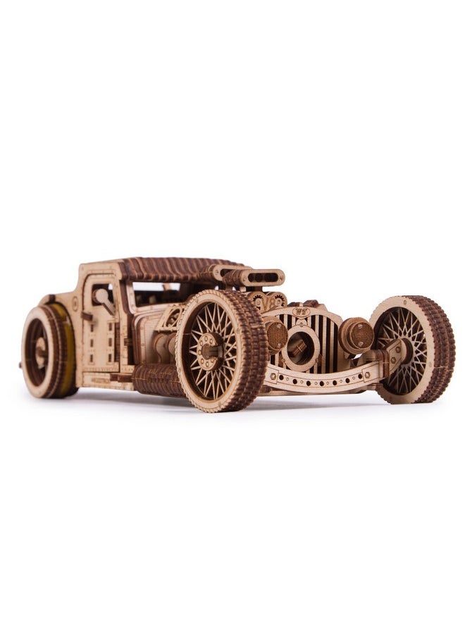 Wood Trick Hot Rod Wooden Model Car Kit to Build - Rides up to 32 feet - Detailed - 3D Wooden Puzzles for Adults and Kids to Build - Engineering DIY Mechanical Wood Model Kits for Adults