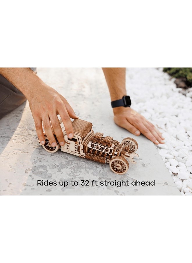 Wood Trick Hot Rod Wooden Model Car Kit to Build - Rides up to 32 feet - Detailed - 3D Wooden Puzzles for Adults and Kids to Build - Engineering DIY Mechanical Wood Model Kits for Adults