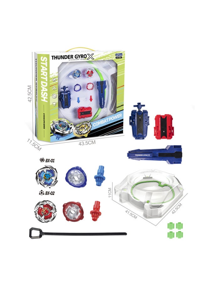 2024 Alloy Gyroscope With Acceleration Battle Plate Children's Pull-type Battle Burst Gyroscope Toy-color:GF6010D (gyro*4+single-turn Transmitter+two-way Cable Transmitter+handlebar+accelerated Gyro Disc)