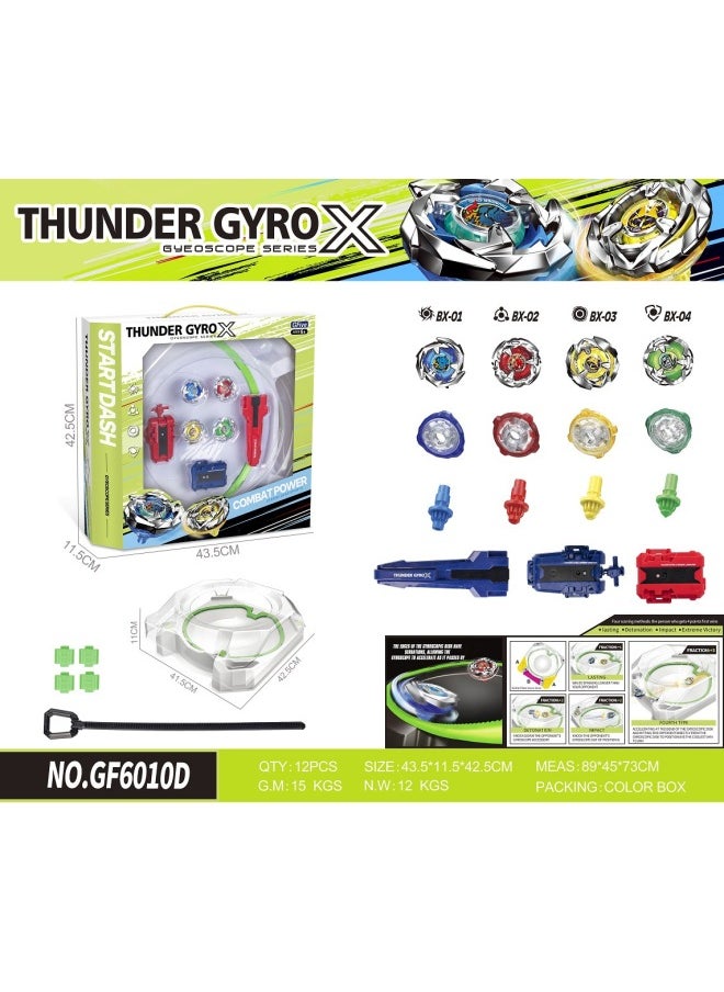 2024 Alloy Gyroscope With Acceleration Battle Plate Children's Pull-type Battle Burst Gyroscope Toy-color:GF6010D (gyro*4+single-turn Transmitter+two-way Cable Transmitter+handlebar+accelerated Gyro Disc)