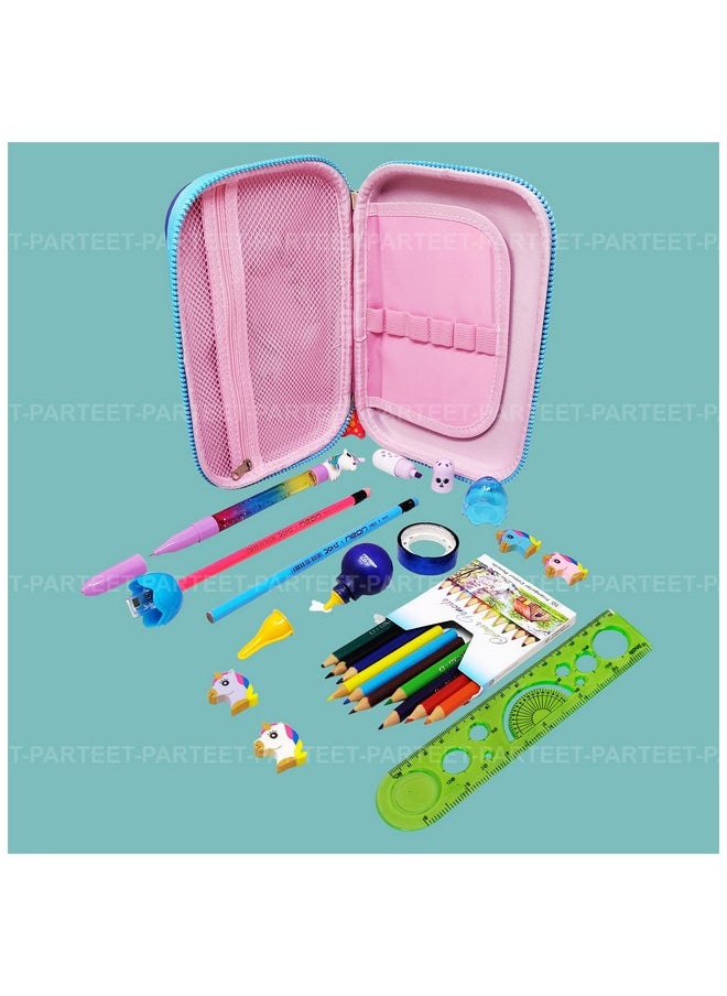 PARTEET Combo Large Capacity Pencil Case with 1Water Pen, 2 Pencil with Eraser, 1Sharpner, 1 Glue, 1 Gliter Tape, 1 Capsule Highlighter, 1 Scale, 12 Colour Pencil and 4 Unicorn Erasers for Kids