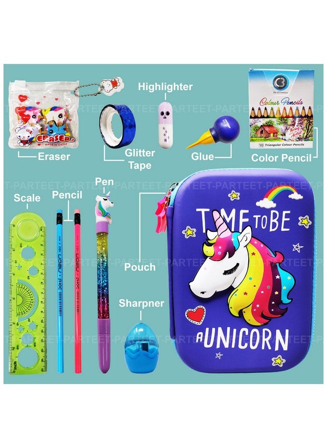 PARTEET Combo Large Capacity Pencil Case with 1Water Pen, 2 Pencil with Eraser, 1Sharpner, 1 Glue, 1 Gliter Tape, 1 Capsule Highlighter, 1 Scale, 12 Colour Pencil and 4 Unicorn Erasers for Kids