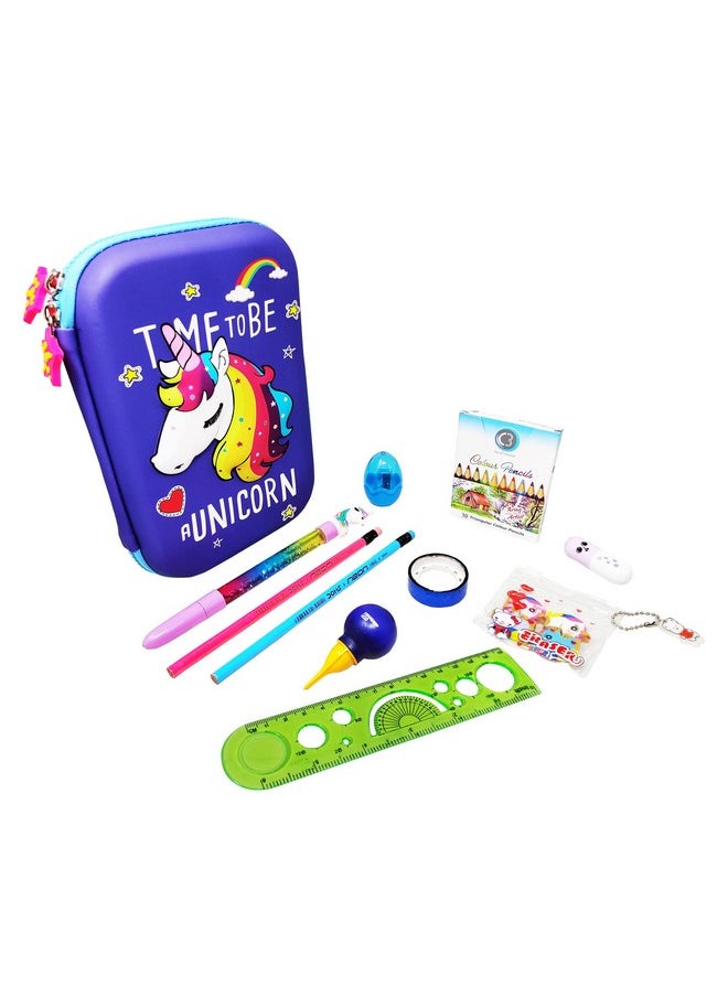 PARTEET Combo Large Capacity Pencil Case with 1Water Pen, 2 Pencil with Eraser, 1Sharpner, 1 Glue, 1 Gliter Tape, 1 Capsule Highlighter, 1 Scale, 12 Colour Pencil and 4 Unicorn Erasers for Kids