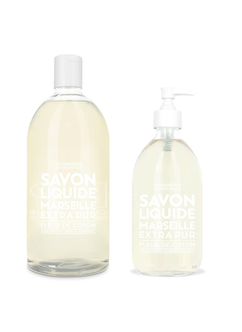Compagnie de Provence Savon de Marseille Extra Pure Liquid Soap - Cotton Flower -16.9 Fl Oz Glass Pump Bottle and 33.8 fl oz Plastic Bottle Refill