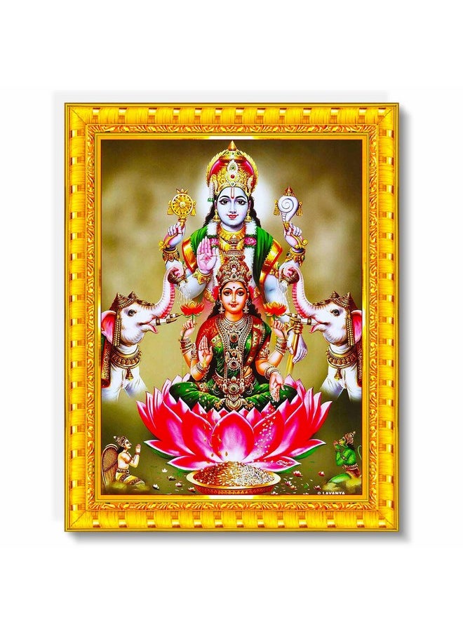 Pavan Photo Laminations Lord Vishnu Dev Lakshmi Devi Laxmi Narayan Ji Wall Painting Framed Home Decor (Wood,Matte,Gold,Small Size,6 x 8 Inch) R586S